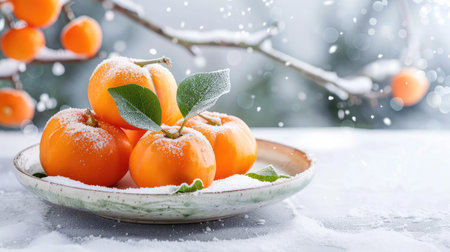 A beautiful display of fresh oranges dusted with snow, sitting on a decorative plate, capturing the essence of winter's beauty and seasonal charm.の素材