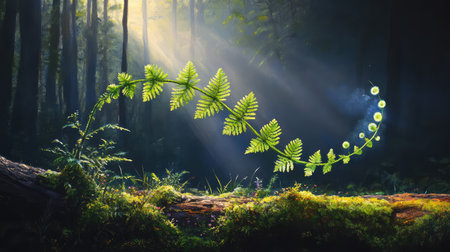 A serene woodland setting showcasing vibrant green ferns illuminated by soft sunlight. This enchanting scene captures the beauty of nature.の素材