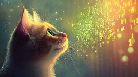 A whimsical illustration of an inquisitive cat with striking green eyes, gazing at glowing digital particles against a dreamy background, evoking curiosity.の素材