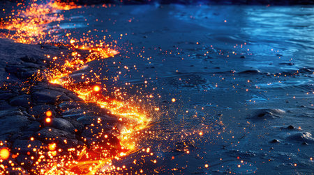 A mesmerizing scene of glowing lava flowing across a dark surface, surrounded by sparkling sparks, creates an enchanting and dramatic atmosphere at night.の素材