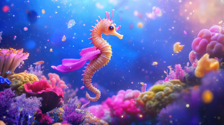 A captivating underwater scene featuring a colorful sea horse swimming amidst bright coral and shimmering bubbles, creating an enchanting marine environment.の素材