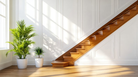 A modern interior featuring a wooden staircase illuminated by natural light, complemented by stylish potted plants to create a serene atmosphere.の素材