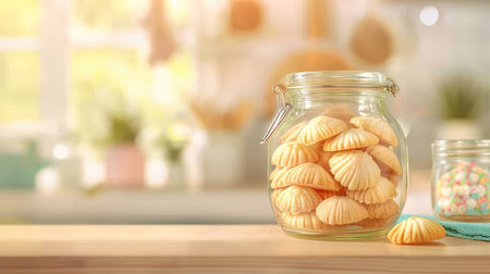 A charming glass jar filled with freshly baked yellow cookies sits elegantly on a wooden table in a vibrant kitchen, evoking warmth and culinary delight.の素材