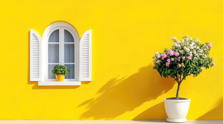A vibrant yellow wall features a charming window with shutters, complemented by a colorful flower pot for a lively and inviting outdoor decor.の素材