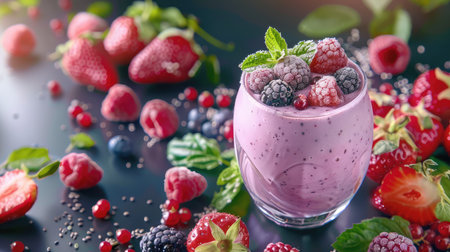 A vibrant berry smoothie served in a glass, surrounded by fresh raspberries, strawberries, and mint leaves, creating a visually appealing and healthy treat.の素材