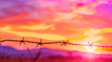 A captivating sunset casts vibrant hues of orange and purple across the sky, juxtaposed with stark barbed wire in the foreground, symbolizing tension.の素材