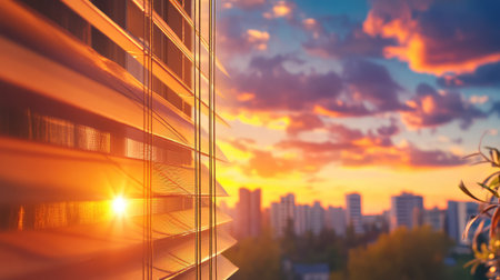 A beautiful view of a city skyline at sunset, captured through window blinds. The warm light illuminates the scene, creating a tranquil atmosphere.の素材