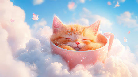 A charming orange cat is peacefully napping in a soft pink cup, surrounded by fluffy white clouds and delicate cherry blossom petals in a dreamy sky.の素材