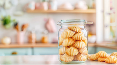 A glass jar filled with freshly baked cookies sits on a kitchen counter, showcasing a warm and inviting atmosphere, complemented by pastel decor.の素材