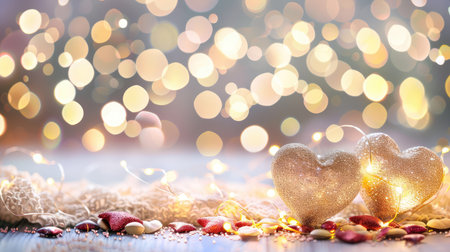 A dreamy arrangement of sparkling hearts surrounded by soft lights creates a romantic and festive atmosphere perfect for celebrations and special moments.の素材