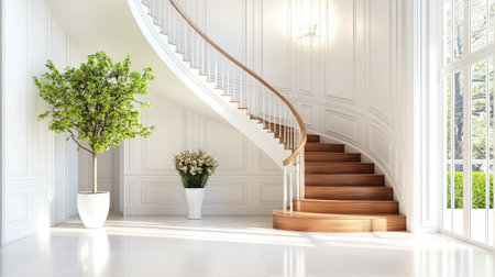 This image showcases a stunning interior staircase with a gracefully curved wooden design, complemented by stylish plants, creating an inviting atmosphere.の素材