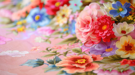 This beautiful close-up showcases a vibrant floral pattern with colorful flowers on a soft pink background, perfect for textile design or home decor projects.の素材