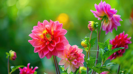 This enchanting close-up image showcases vibrant dahlia flowers in full bloom against a lush green background, highlighting their delicate petals and natural beauty.の素材