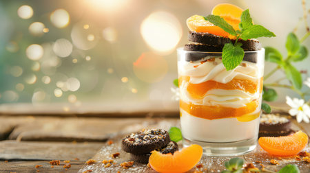 A beautifully arranged layered dessert featuring cream, orange slices, and chocolate cookies, garnished with fresh mint leaves, perfect for any celebration.の素材