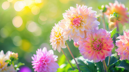 This enchanting image captures blooming dahlias in soft pastel tones, illuminated by warm sunlight, creating an ethereal garden atmosphere with delightful bokeh.の素材