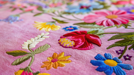 This vibrant embroidery showcases an array of colorful flowers meticulously stitched onto a soft pink fabric, perfect for adding charm and craft to any project.の素材