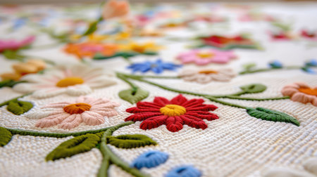 This image showcases a close-up view of colorful floral embroidery on fabric, highlighting intricate stitching patterns and vivid colors that evoke warmth and creativity.の素材
