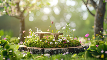 A tranquil garden scene featuring a wooden bench amidst vibrant flowers and soft sunlight filtering through lush greenery, creating a serene atmosphere.の素材