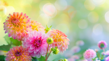A stunning display of vibrant dahlia flowers in shades of pink and yellow, captured in a soft focus with a bokeh background. Perfect for spring themes.の素材