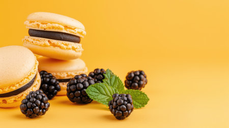 A beautiful arrangement of yellow macarons surrounded by ripe blackberries and fresh mint, all set against a bright yellow background. Perfect for food lovers.の素材
