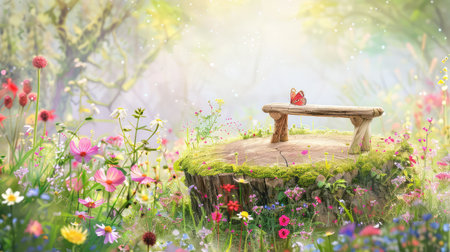 A tranquil scene featuring a vibrant butterfly resting on a rustic wooden bench amidst a stunning display of colorful wildflowers in a sunlit forest clearing.の素材