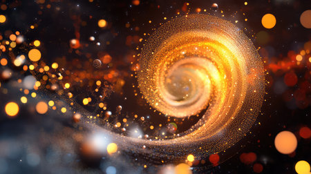 A mesmerizing swirl of gold and orange lights represents a vibrant cosmic galaxy, capturing the essence of space's beauty and mystery in a dark backdrop.の素材