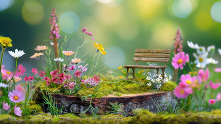 A picturesque spring scene featuring a rustic wooden bench surrounded by a variety of vibrant flowers and lush greenery, evoking tranquility and beauty.の素材