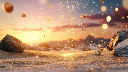 A captivating landscape showcasing glittering particles and stones illuminated by a warm sunset, creating a magical and enchanting atmosphere.の素材