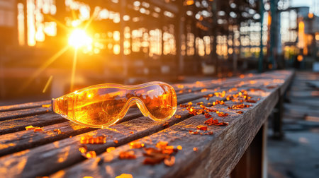 A vibrant setting featuring safety glasses positioned on a wooden surface, illuminated by a warm sunset, highlighting the surrounding debris and reflections.の素材