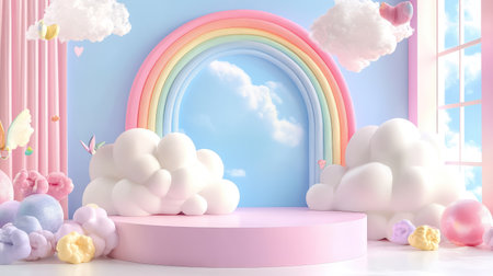 Delightful pastel rainbow arch surrounded by soft clouds creates a whimsical setting perfect for children's photography and creative projects.の素材