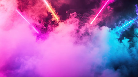 This captivating image showcases a dramatic interplay of colorful neon lights and swirling smoke, creating an electrifying atmosphere perfect for nightlife or artistic projects.の素材