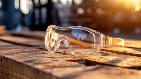 A pair of clear safety goggles rests on a wooden surface, beautifully illuminated by warm sunlight. Ideal for illustrating workplace safety and protection.の素材