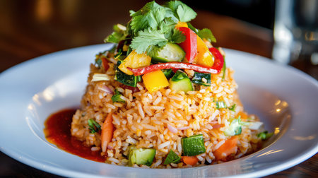 A vibrant dish of fried rice featuring an assortment of colorful vegetables topped with fresh herbs, creating an inviting and appetizing meal option.の素材