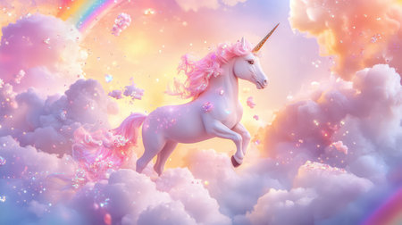 A stunning unicorn leaps through fluffy clouds under a radiant rainbow, embodying the essence of fantasy and magic in a dreamlike atmosphere.の素材