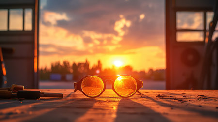 A pair of vintage sunglasses rests on a weathered wooden table as the sun sets in the background, creating an enchanting scene filled with warmth and tranquility.の素材