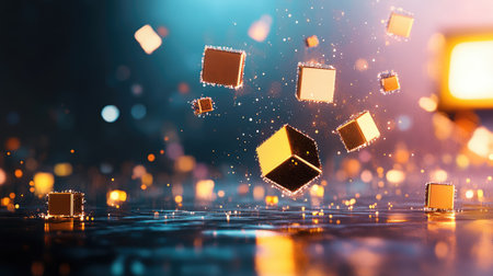This captivating image features floating cubes surrounded by sparkles and vibrant light effects, perfect for digital art projects and creative designs.の素材