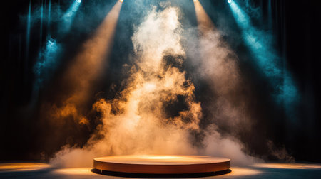 This captivating image showcases a dramatic stage setting with vibrant lighting and fog effects, perfect for performances or events that aim to create a memorable atmosphere.の素材