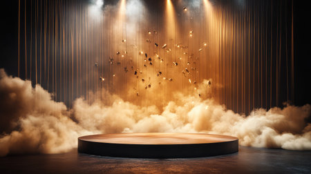A captivating stage setup showcasing floating objects surrounded by a smoky atmosphere and dramatic lighting effects, perfect for theatrical performances or artistic installations.の素材