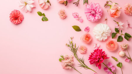 Discover an exquisite arrangement of pink and white flowers scattered artistically on a soft pink background, ideal for enhancing seasonal decor and creative projects.の素材