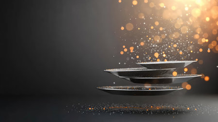 This captivating image features floating plates surrounded by sparkling particles and glowing lights, perfect for creative food presentation and festive occasions.の素材