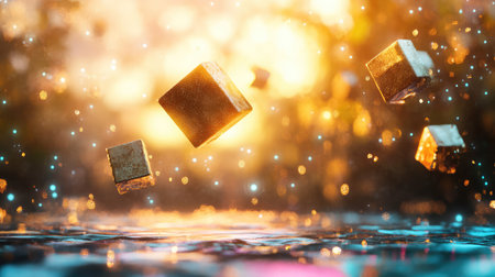 This captivating image features magical floating cubes surrounded by sparkling light, creating an enchanting atmosphere filled with warm colors and artistic depth.の素材