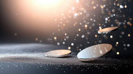 This captivating image features three reflective discs resting on a soft, sparkling surface with a dreamy bokeh background, perfect for artistic projects.の素材