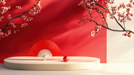A stunning still life featuring cherry blossoms and a traditional red fan against a bold red backdrop, embodying Japanese culture and minimalist aesthetics.の素材