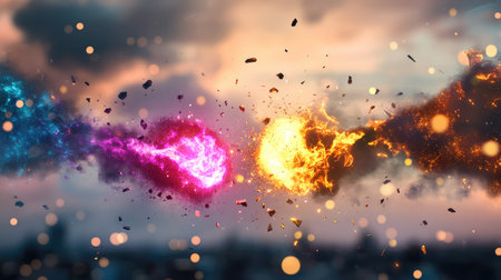 This stunning image captures a dramatic clash of colorful flames, illustrating the epic battle between contrasting energy forces in a breathtaking landscape.の素材
