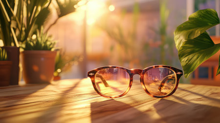 A pair of stylish tortoise shell sunglasses rests on a wooden table, surrounded by vibrant indoor plants. The golden hour sunlight casts a warm glow, creating a serene and inviting atmosphere.の素材
