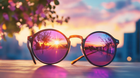 A pair of stylish sunglasses rests on a surface, reflecting a stunning sunset over a vibrant cityscape. The brilliant colors capture the essence of the golden hour.の素材