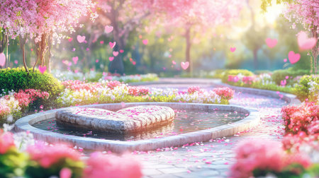 A breathtaking garden scene featuring a heart-shaped stone amid vibrant flowers, creating a perfect romantic atmosphere filled with love and tranquility.の素材