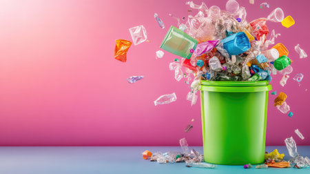 The image features a vibrant green trash bin overflowing with assorted plastic waste against a soft pink background. It highlights environmental issues.の素材