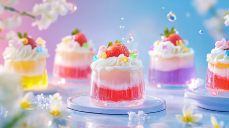 Delight in these vibrant jelly desserts topped with fresh strawberries and creamy whipped cream, perfect for summer celebrations and joyous occasions.の素材
