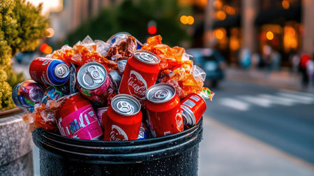 A vibrant urban scene showing a trash bin overflowing with colorful beverage cans and candy wrappers, highlighting issues of waste and pollution in cities.の素材